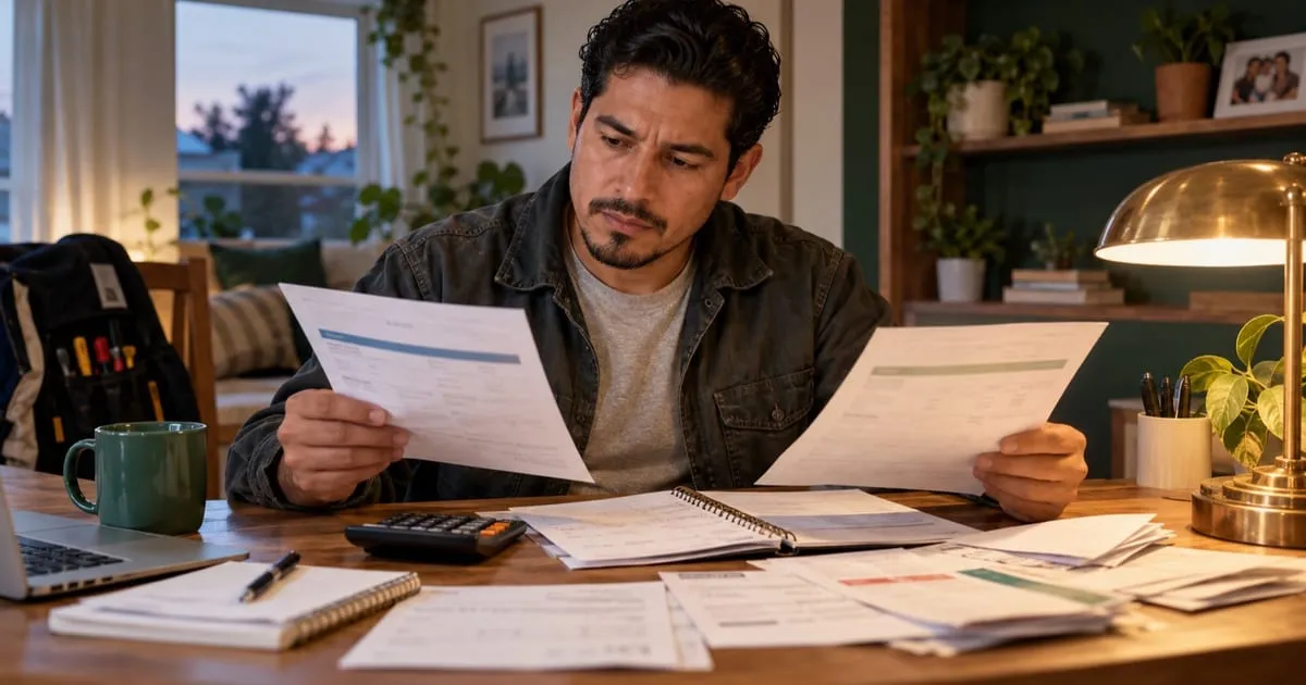 Trabajador independiente comparando ingresos y facturas en su escritorio.
