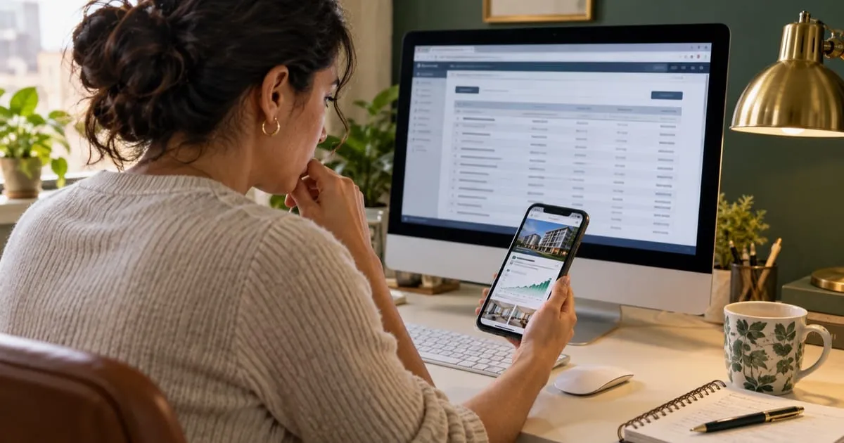 Mujer contrastando una oferta en su teléfono con un registro en la computadora.