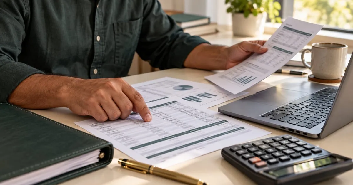 Manos revisando estados de inversión con una calculadora y una computadora.