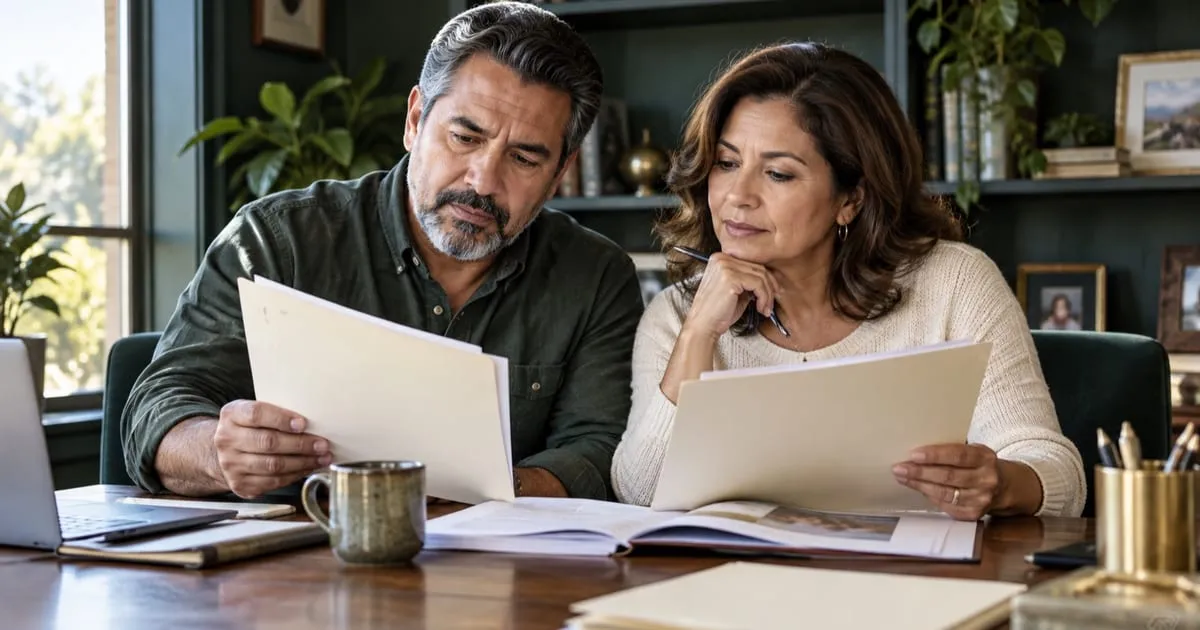 Pareja comparando documentos de cuentas y beneficios de retiro.